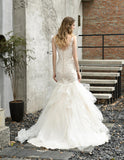 V-neck Sleeveless Mermaid Embroidery Tulle Wedding gown
