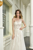 One-shoulder Strap Train Sleeveless Backless A-line Lace Embroidered Gown