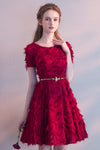 Red Short Sleeves Scoop Neck Tea-length Party Dress Homecoming Dress