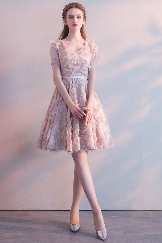Elegant Pink Knee-Length Homecoming Dress Party Dress With Feathers