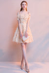 Light Champagne Off the Shoulder Knee-Length Homecoming Dress With Tassels