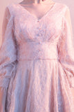 Pink V Neck 3/4 Sleeves Lace Prom Dress Short Homecoming Dress
