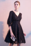 Black V Neck Half Sleeves Lace Banquet Prom Dress Short Homecoming Dress