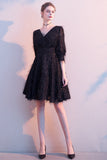Black V Neck Half Sleeves Lace Banquet Prom Dress Short Homecoming Dress