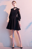 Black V Neck Tulle 3/4 Sleeves Lace Prom Dress Short Homecoming Dress