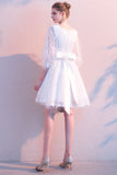 3/4 Sleeves White Bowknot Round Neck Feather Lace Prom Dress Short Homecoming Dress
