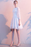 3/4 Sleeves White Bowknot Round Neck Feather Lace Prom Dress Short Homecoming Dress