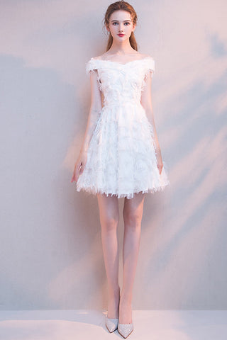 White Off-The-Shoulder Feather Party Dress Mini Homecoming Dress