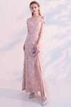 Pink Off-The-Shoulder Feather Slit Long Prom Dress