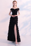 Black Off-The-Shoulder Feather Slit Long Prom Dress