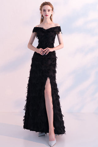Black Off-The-Shoulder Feather Slit Long Prom Dress
