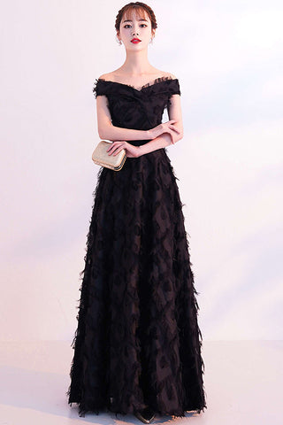 Black Off-The-Shoulder Feather Long Prom Dress