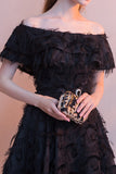 Cute Black Off-The-Shoulder Feather Graduation Dress Homecoming Dress