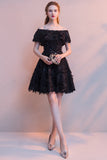 Cute Black Off-The-Shoulder Feather Graduation Dress Homecoming Dress