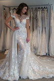 Gorgeous Cap Sleeves Sheer Neck Long Wedding Dress With Detachable Train N2485