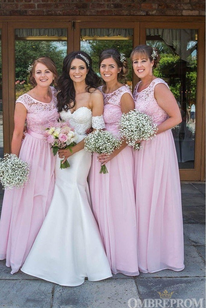 Elegant Pink Lace Top Round Neck Chiffon Bridesmaid Dress B478
