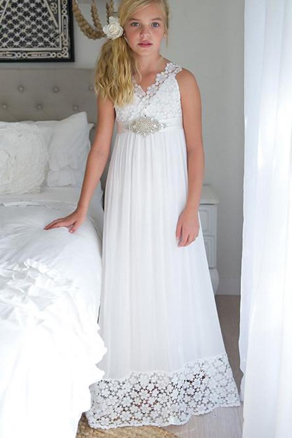A Line Sleeveless Chiffon Empire White Long Flower Girl Dress with Lace F015