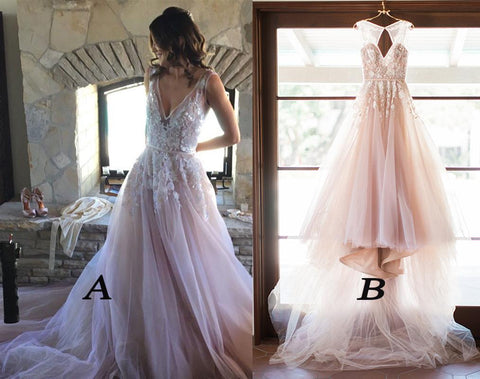 A-line V-neck Lilac Appliques Sleeveless Tulle Long Wedding Dress,Open Back Prom Dress,N596