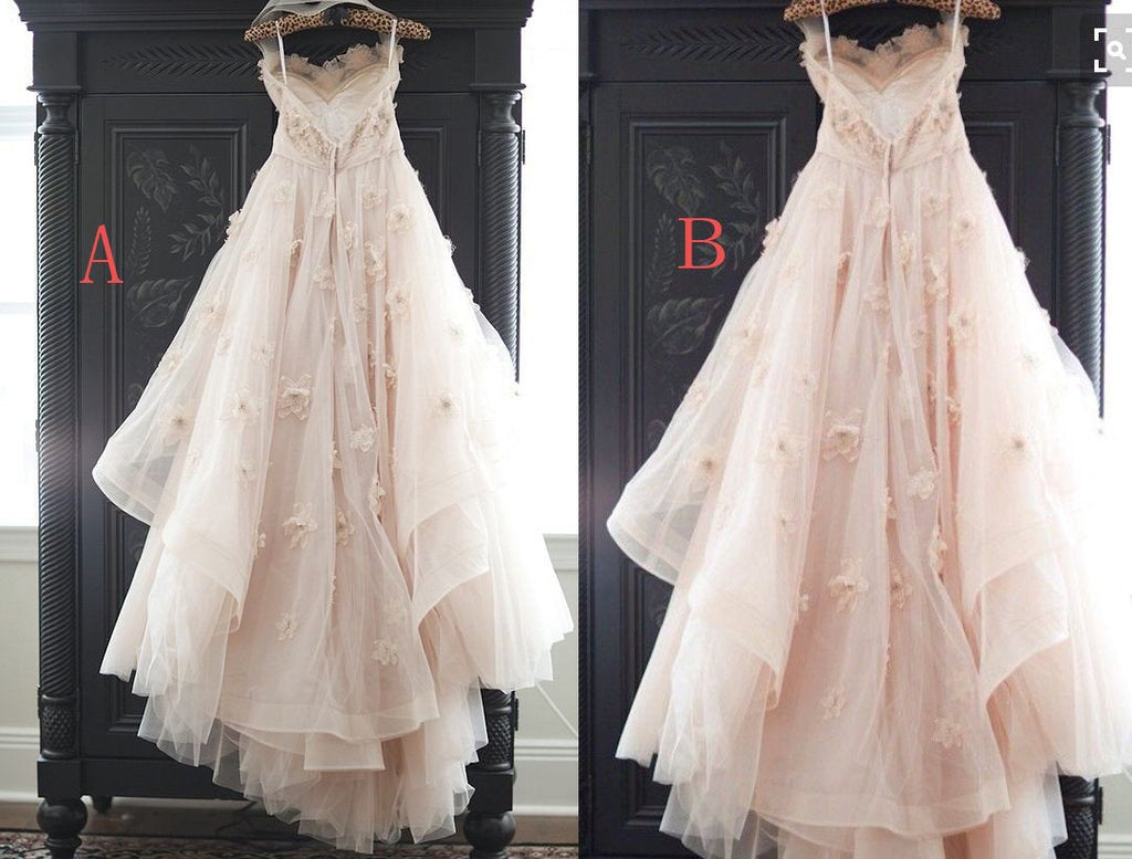 A-line Appliqued Tulle Wedding Gowns,Princess Wedding Dress With Flowers