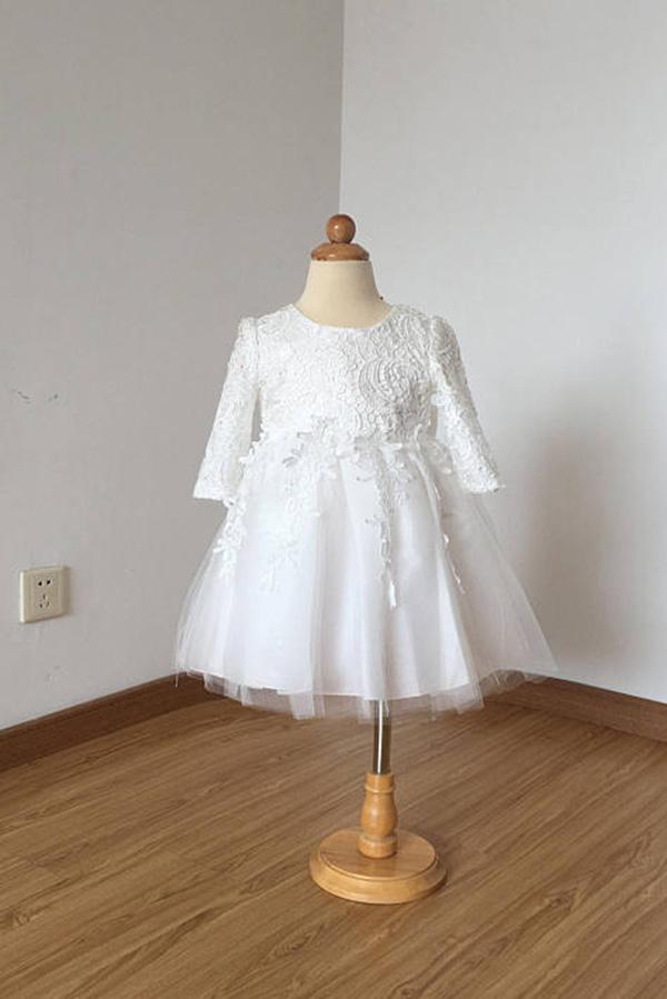 Cheap Floor Length Ivory Lace Tulle Long Sleeves Flower Girl Dress with Bow