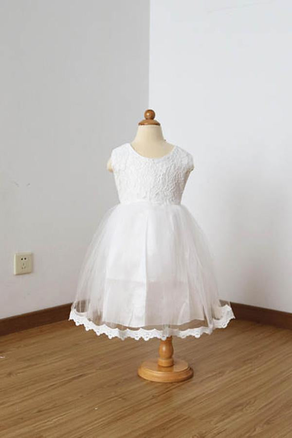 A Line Floor-length Sleeveless Ivory Lace Tulle Flower Girl Dress with Lace Edge
