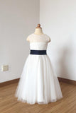 Cute Long Ivory Open Back Lace Tulle Flower Girl Dress with Navy Blue Bow