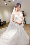 White Cap Sleeves Mermaid Court Train Tulle Wedding Dress with Lace Applique,N411