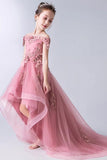 High Low Gorgeous Off the Shoulder With Lace Appliques Sleeveless Tulle Flower Girl Dress F071