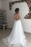 White Tulle Off Shoulder Long Wedding Dress, Sheer Back Sexy Bridal Dress N2651