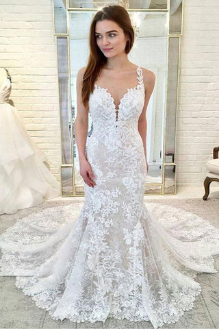 Gorgeous Straps Mermaid Train Lace Wedding Dresses, Lace Bridal Dresses N1770