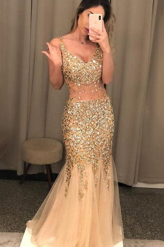 Champagne Sequins Mermaid Graduation School Party Gown Long Prom Dress