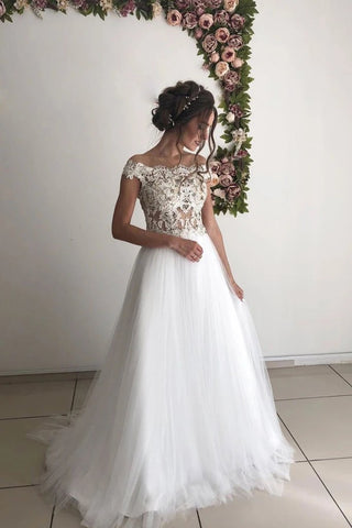 White Tulle Off Shoulder Long Wedding Dresses, Sheer Back Sexy Bridal Dress N2651