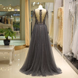 Embroidery V-neck A-line Beaded Long Prom Dresses