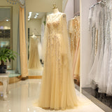 Chiffon A-line Long Sleeves Embroidery Beaded Prom Dresses