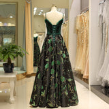 Velvet Embroidery A-line Spaghetti Straps Sleeveless Long Prom Dresses