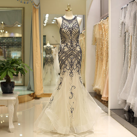 Mermaid Jewel Sleeveless Embroidery Beaded Long Prom Dresses