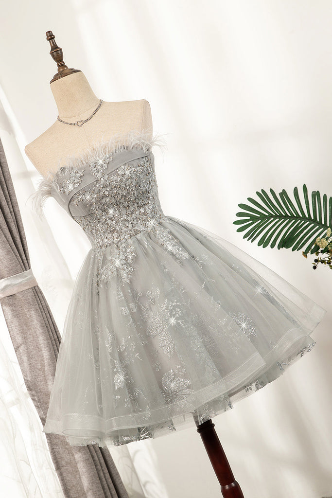 A-Line Silver Feather Sleeveless Homecoming Dress Short Prom Dress