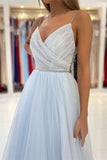 Light Sky Blue Beading Spaghetti-Straps Tulle Long Prom Dress PD0678