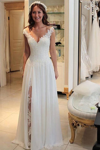 Flowy A Line Long Lace Chiffon Beach Wedding Dress Bridal Dress