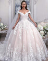 Light Pink Off the Shoulder Ball Gown Tulle Wedding Dress With Appliques N2378