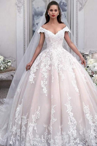 Light Pink Off the Shoulder Ball Gown Tulle Wedding Dress with Appliques, Princess Bridal Dress N2378