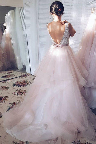 Light Pink V-neck Sleeveless Sweep Train Lace Top Tulle Wedding Dress With Sash N597