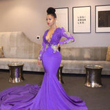 Purple V-Neck Long Sleeves Mermaid Prom Dress With Lace Appliques PD0586