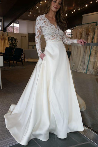 Elegant Ivory Long Sleeves Sweep Train Satin Long Wedding Dress With Top Lace N517