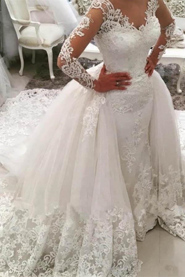 Gorgeous Ivory V-Neck Long Sleeves Appliques Watteau Train Wedding Dress,N618