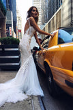 Luxurious Ivory Straps Mermaid Sleeveless Long Deep V-neck Tulle Wedding Dress With Lace,N525