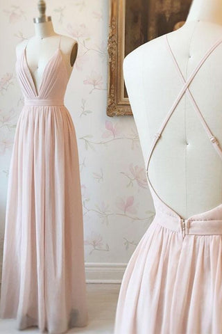 Simple V-neck Zipper Back Floor Length Pink Chiffon Long Elegant Bridesmaid Dress M1007