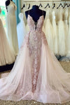 Spaghetti Straps Deep V Neck Tulle Prom Dress With Lace Appliques, Bridal Dress N2535