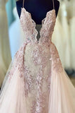 Spaghetti Straps Deep V Neck Tulle Prom Dress Bridal Dress With Lace Appliques N2535