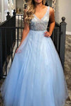 Charming Beaded Tulle A Line Sky Blue V-neck Ball Dress Junior Prom Dress